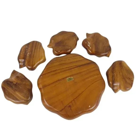 Vtg Blair Hawaii Honolulu Monkey Pod Wood Leaf Bowls 6pc Set 1960s Serving Tray